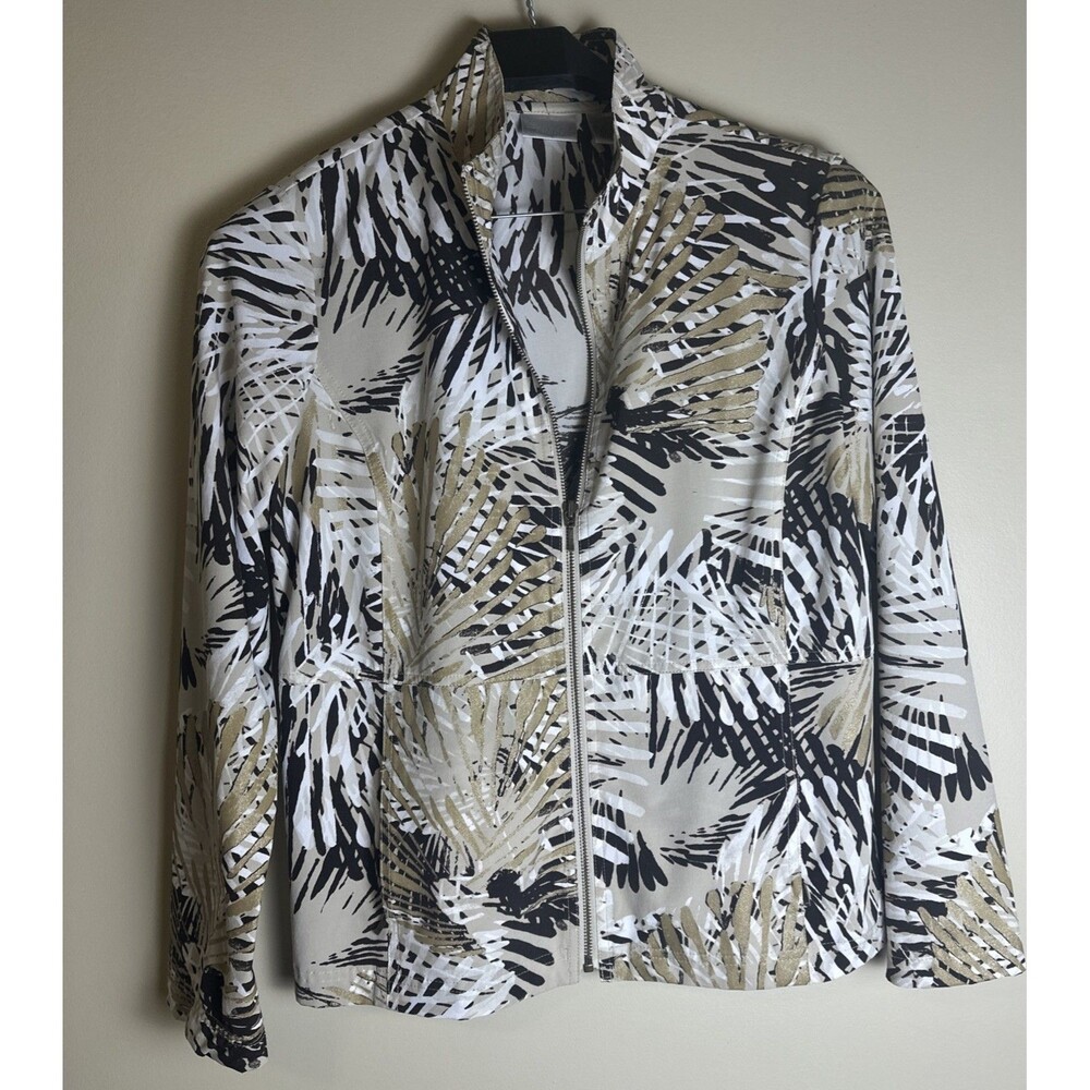Chico's Zenergy Brown Palm Print Jacket Sz 1 Large Full Zip Tropical Athleisure